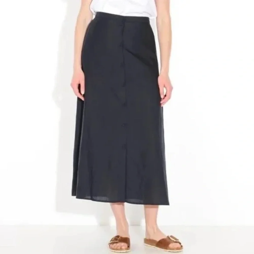 SAMSOE SAMSOE Navy MEJSE Button-Front MIDI Skirt, Linen Lyocell Blend, M